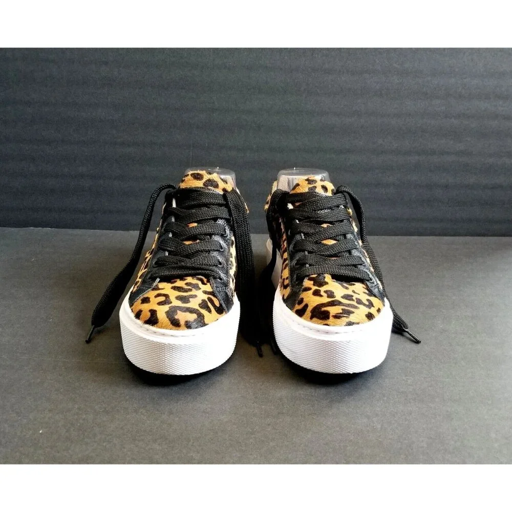 NATALY MENDEZ Brown Leopard Sneakers Sz 37 7 Lace Up Leather Calf Hair - Picture 7 of 15